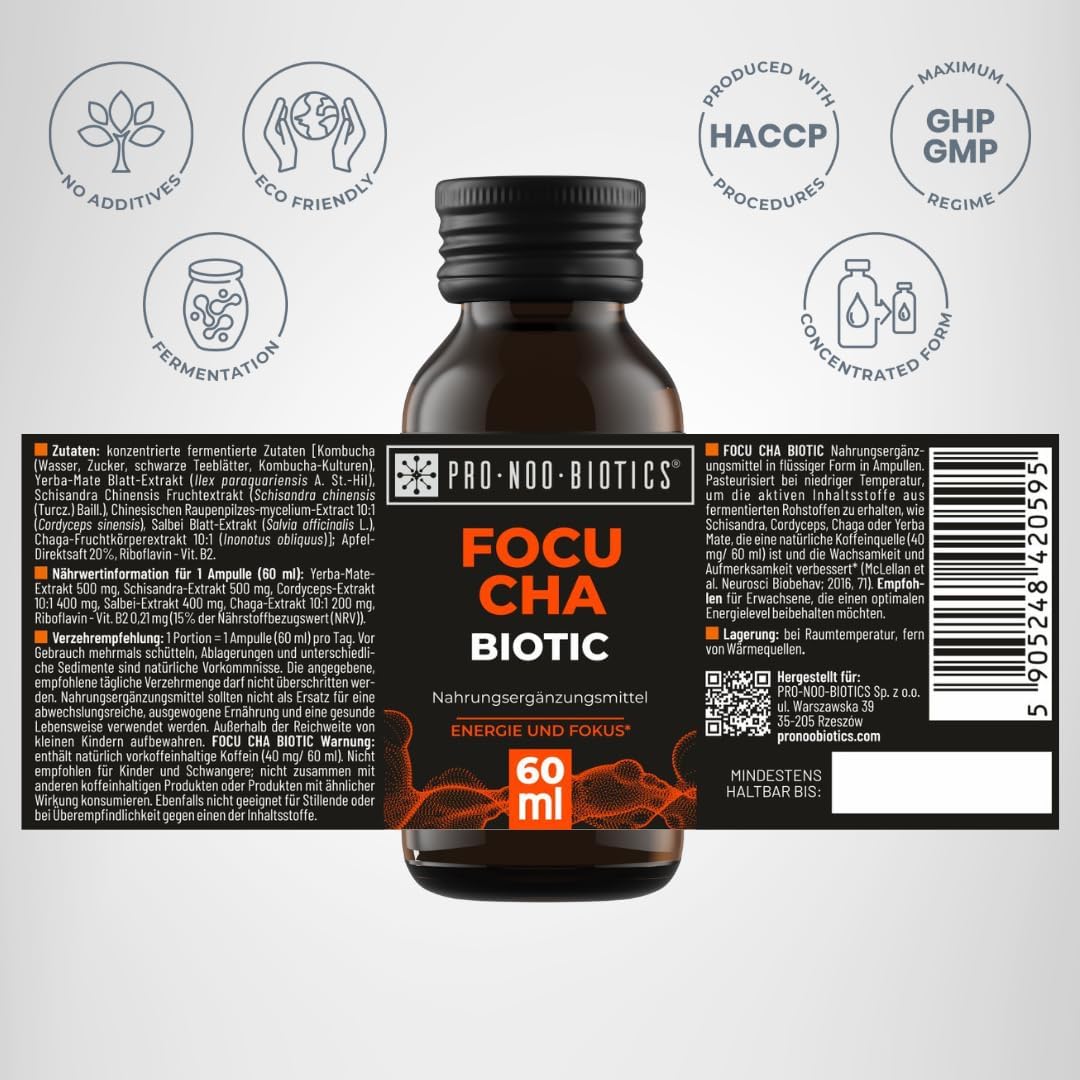 PRO NOO BIOTICS FOCU CHA BIOTIC – Natural Mental Clarity & Energy with Cordyceps & Yerba Mate 10 x 60 ml