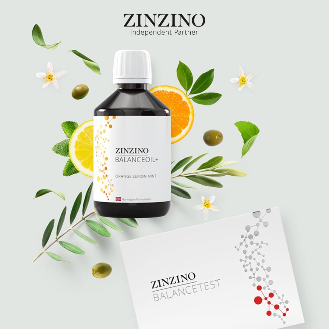 Zinzino BalanceOil+ bottle in orange lemon mint flavor with fresh citrus, olives, and leaves, shown alongside the Zinzino BalanceTest kit on a light background.