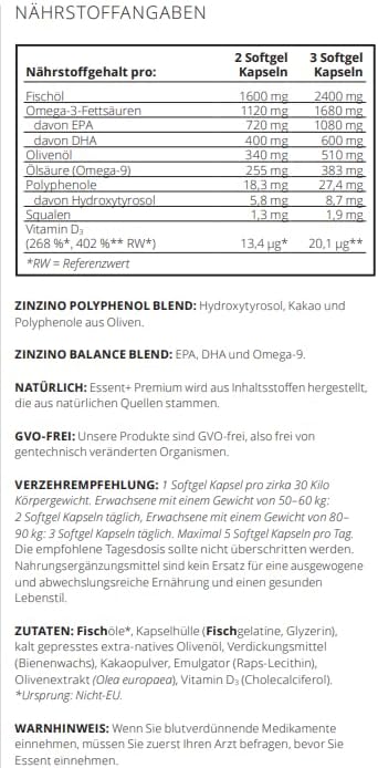 ZinZino Essent+ Omega-3 Kapseln Hochdosiert mit Vitamin D3 & Olivenöl