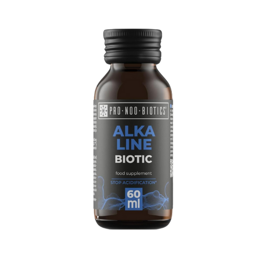 Braunglasflasche „Alkaline Biotic“ – Nahrungsergänzung zur Regulierung des Säure-Basen-Haushalts und gegen Übersäuerung.