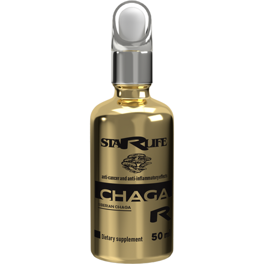  Goldfarbene Flasche „Chaga R“ von StarLife – Nahrungsergänzung mit sibirischem Chaga zur Unterstützung von Immunsystem und Entzündungshemmung.