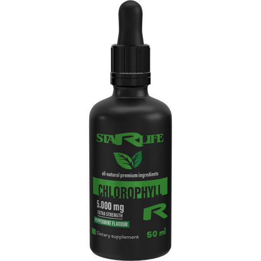 Schwarze Flasche „Chlorophyll R“ mit 5.000 mg und Pfefferminzgeschmack – natürliche Unterstützung für Entgiftung und Energie.