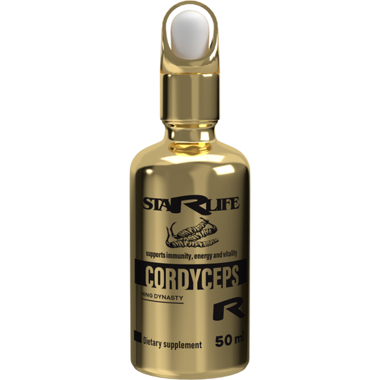 Goldfarbene Flasche „Cordyceps R“ von StarLife – Nahrungsergänzung zur Unterstützung von Energie, Vitalität und Immunabwehr
