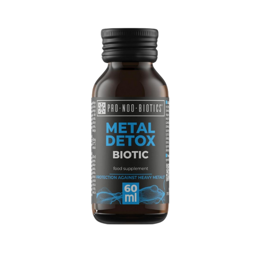 Braunglasflasche „Metal Detox Biotic“ – Nahrungsergänzung zur Unterstützung der Ausleitung von Schwermetallen.