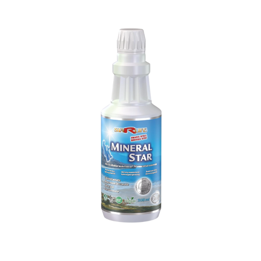 Weiße Flasche „Mineral Star“ von StarLife – Flüssigsupplement mit 74 Mineralien und Spurenelementen für optimale Zellfunktion