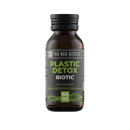 Braunglasflasche „Plastic Detox Biotic“ – Nahrungsergänzung zum Schutz vor Mikro- und Nanoplastik im Körper.
