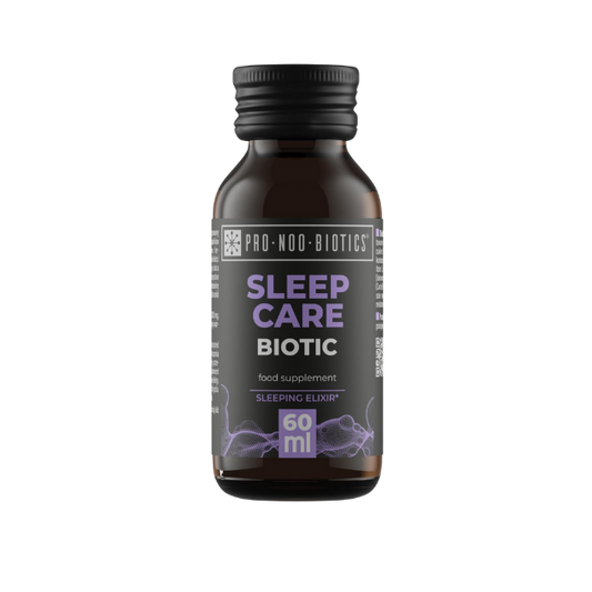 Braunglasflasche „Sleep Care Biotic“ – natürliches Schlafelixier zur Unterstützung eines erholsamen Schlafs.